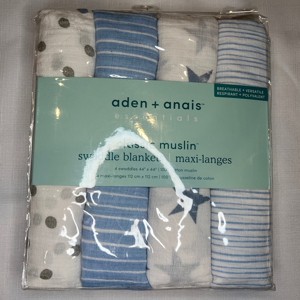 aden + anais Muslin Baby Swaddle Blankets Set 4 Dapper White Blue Stars Stripes
